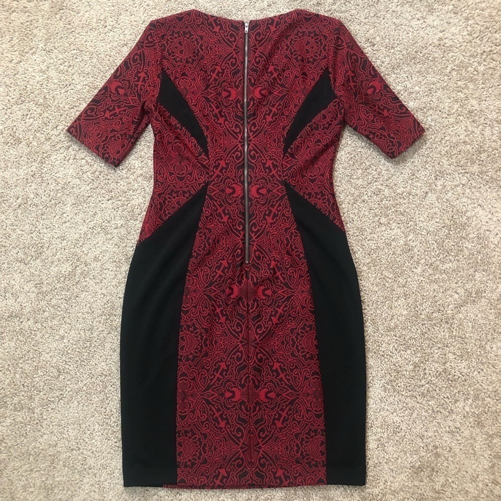 Maggy London Ponte Jacquard Sheath Dress Red and Black Size 4 - Picture 3 of 8